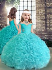 Beautiful Aqua Blue Ball Gowns Fabric With Rolling Flowers Straps Sleeveless Beading and Ruching Floor Length Lace Up Little Girls Pageant Dress