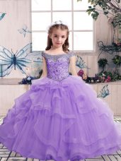 Eye-catching Sleeveless Tulle Floor Length Lace Up Pageant Dress for Womens in Lavender with Beading and Ruffles