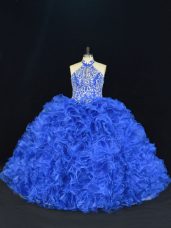 Stylish Royal Blue Organza Lace Up Halter Top Sleeveless Floor Length Ball Gown Prom Dress Beading and Ruffles