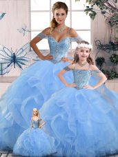 Nice Blue Vestidos de Quinceanera Sweet 16 and Quinceanera with Beading and Ruffles Off The Shoulder Sleeveless Lace Up