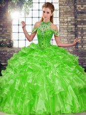 Exceptional Green Halter Top Lace Up Beading and Ruffles 15th Birthday Dress Sleeveless