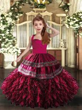 Straps Sleeveless Organza Pageant Gowns For Girls Appliques and Ruffles Lace Up