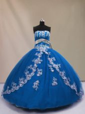 Blue Sleeveless Appliques Floor Length Ball Gown Prom Dress