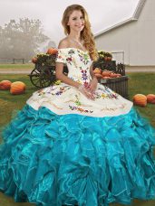 Perfect Off The Shoulder Sleeveless Organza Vestidos de Quinceanera Embroidery and Ruffles Lace Up