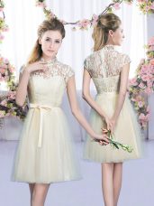 Customized Champagne Cap Sleeves Lace and Bowknot Mini Length Vestidos de Damas