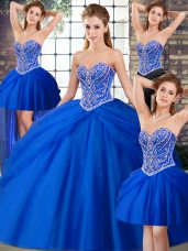 Royal Blue Tulle Lace Up Sweet 16 Dresses Sleeveless Brush Train Beading and Pick Ups