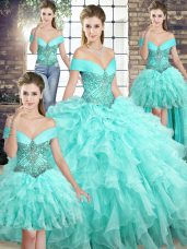 Exquisite Aqua Blue Ball Gowns Off The Shoulder Sleeveless Organza Brush Train Lace Up Beading and Ruffles Ball Gown Prom Dress