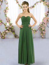 Sleeveless Floor Length Ruching Lace Up Bridesmaid Dress with Green