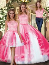 Elegant Floor Length Clasp Handle 15th Birthday Dress Hot Pink for Military Ball and Sweet 16 and Quinceanera with Lace and Ruffles