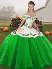 Green Ball Gowns Organza Off The Shoulder Sleeveless Embroidery Floor Length Lace Up Ball Gown Prom Dress