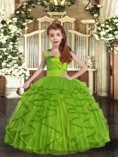 Fashion Floor Length Lace Up Child Pageant Dress Olive Green for Party and Wedding Party with Ruffles