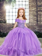 Lavender Ball Gowns Beading Little Girls Pageant Dress Lace Up Tulle Sleeveless Floor Length