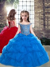 Blue Lace Up Pageant Dresses Beading Sleeveless Floor Length