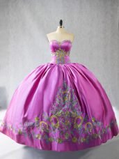 Fabulous Rose Pink Lace Up Sweetheart Embroidery Quinceanera Gown Satin Sleeveless