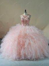 Pretty Pink Sleeveless Brush Train Beading and Ruffles Quinceanera Gowns