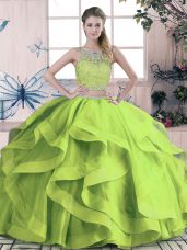 Green Tulle Lace Up Scoop Sleeveless Floor Length Quinceanera Dress Beading and Lace and Ruffles