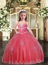 Eye-catching Sleeveless Floor Length Beading and Appliques Lace Up Pageant Gowns For Girls with Watermelon Red