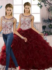 Organza Scoop Sleeveless Lace Up Beading and Ruffles 15th Birthday Dress in Burgundy