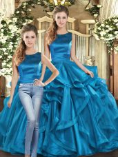 Scoop Sleeveless Lace Up 15th Birthday Dress Teal Organza