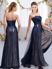 Cheap Chiffon and Sequined Sweetheart Sleeveless Lace Up Sequins Court Dresses for Sweet 16 in Navy Blue