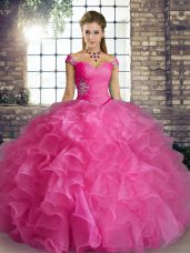 Fancy Rose Pink Ball Gowns Organza Off The Shoulder Sleeveless Beading and Ruffles Floor Length Lace Up Quinceanera Dresses