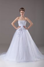 Ideal Lace Up Wedding Gown White for Wedding Party with Beading and Hand Made Flower Brush Train