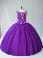 Tulle Scoop Sleeveless Lace Up Beading and Appliques 15th Birthday Dress in Purple