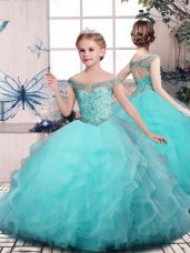 High Class Aqua Blue Sleeveless Beading and Ruffles Floor Length Little Girl Pageant Dress