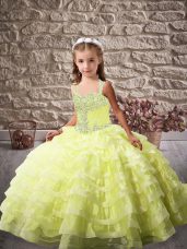 Perfect Yellow Green Pageant Dress for Teens Party and Sweet 16 and Wedding Party with Beading and Ruffled Layers Straps Sleeveless Brush Train Lace Up