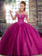 Sumptuous Beading Ball Gown Prom Dress Fuchsia Lace Up Sleeveless Brush Train