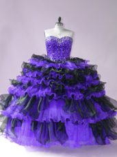 Modern Sweetheart Sleeveless Quince Ball Gowns Floor Length Beading and Ruffled Layers Black And Purple Organza