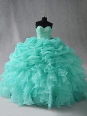 Sweetheart Sleeveless Ball Gown Prom Dress Floor Length Beading and Ruffles and Pick Ups Aqua Blue Organza