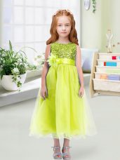 Artistic Sleeveless Tea Length Sequins and Hand Made Flower Zipper Toddler Flower Girl Dress with Yellow Green