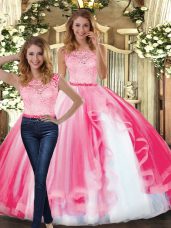 Extravagant Hot Pink Sleeveless Lace and Ruffles Floor Length Quince Ball Gowns