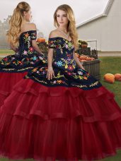 Super Wine Red Ball Gowns Tulle Off The Shoulder Sleeveless Embroidery and Ruffled Layers Lace Up Quinceanera Dresses Brush Train