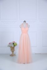 Peach Zipper Bridesmaid Dresses Ruching Sleeveless Floor Length