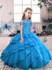 Unique Aqua Blue Lace Up High-neck Beading and Ruffles Winning Pageant Gowns Organza Sleeveless