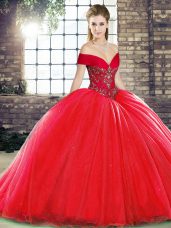 Glittering Red Ball Gowns Organza Off The Shoulder Sleeveless Beading Lace Up Sweet 16 Dresses Brush Train