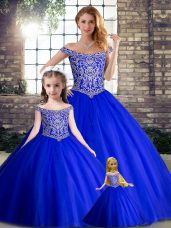 Traditional Royal Blue Ball Gowns Tulle Off The Shoulder Sleeveless Beading Lace Up Vestidos de Quinceanera Brush Train