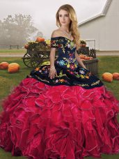 Red And Black Ball Gowns Organza Off The Shoulder Sleeveless Embroidery and Ruffles Floor Length Lace Up 15th Birthday Dress