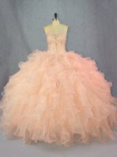 Best Selling Peach Lace Up Quinceanera Gowns Beading and Ruffles Sleeveless Floor Length