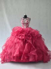 Sumptuous Red Sleeveless Organza Lace Up Quinceanera Gown for Sweet 16 and Quinceanera