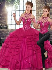 Sleeveless Floor Length Beading and Ruffles Lace Up Ball Gown Prom Dress with Fuchsia
