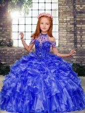 Fashion Blue Sleeveless Floor Length Beading and Ruffles Lace Up Kids Pageant Dress