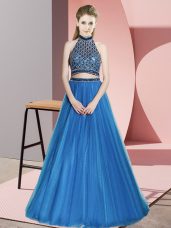 Most Popular Blue Two Pieces Halter Top Sleeveless Tulle Backless Beading Prom Evening Gown