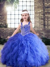Discount Floor Length Lace Up Girls Pageant Dresses Blue for Party and Wedding Party with Beading and Ruffles