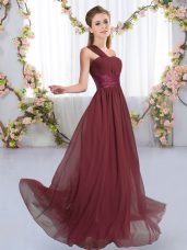 Burgundy Empire One Shoulder Sleeveless Chiffon Floor Length Lace Up Ruching Damas Dress
