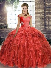 Glittering Coral Red Organza Lace Up Quinceanera Dresses Sleeveless Brush Train Beading and Ruffles
