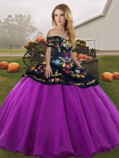 Luxury Black And Purple Off The Shoulder Neckline Embroidery Sweet 16 Quinceanera Dress Sleeveless Lace Up