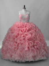 Flirting Ball Gowns Sleeveless Pink Ball Gown Prom Dress Brush Train Lace Up